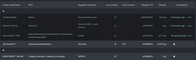Screenshot of batch material