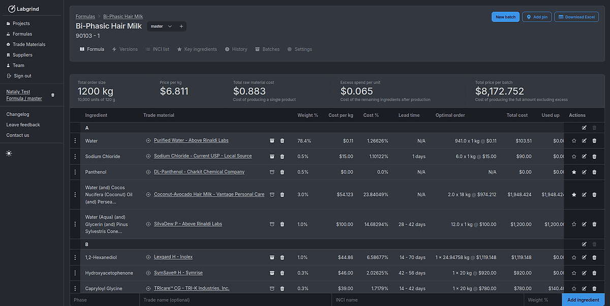 Screenshot of new formula table