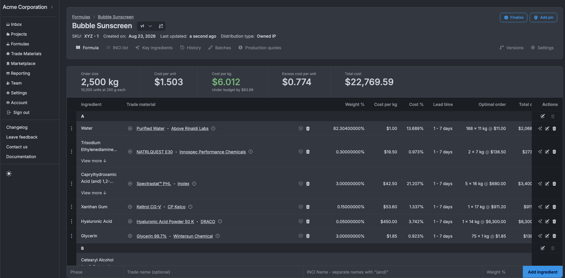 A view of the formulation table with a dark theme