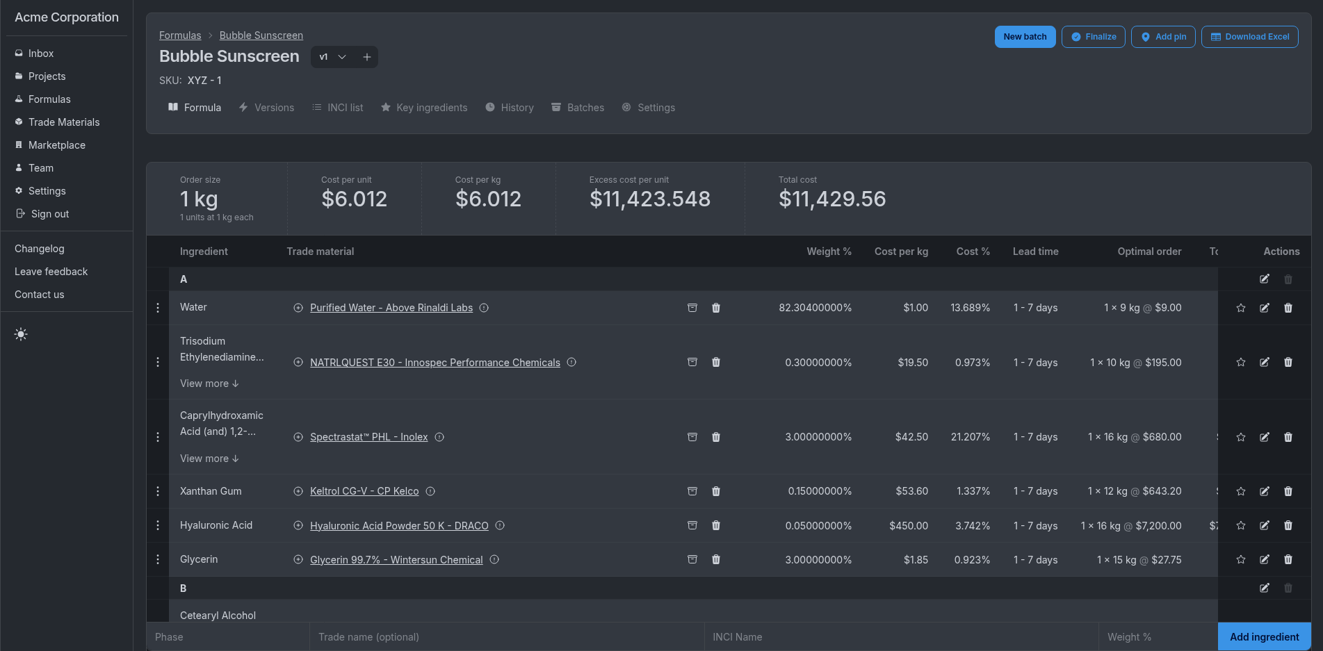 A view of the formulation table with a dark theme