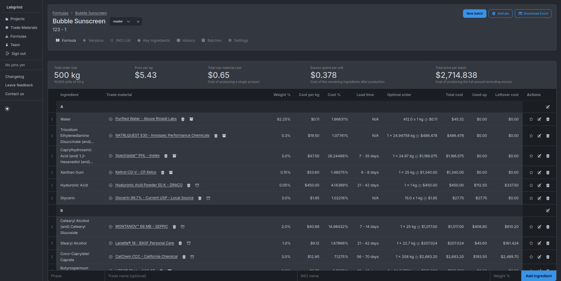 A view of the formulation table with a dark theme