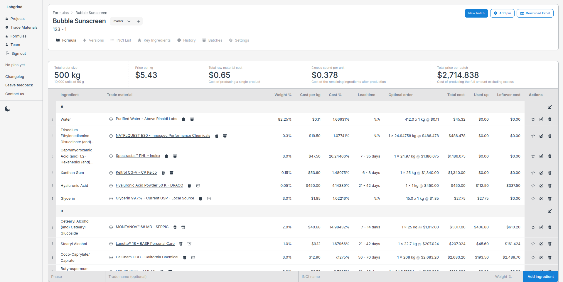 A view of the formulation table with a light theme