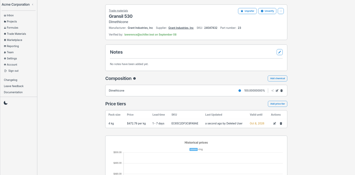 A screenshot of the trade materials show view