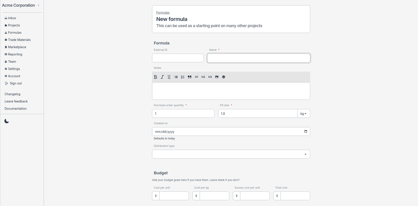 screenshot of a new formula
