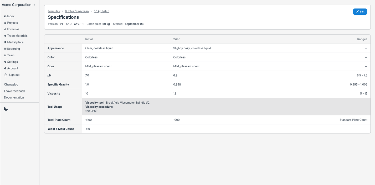 A screenshot of batch specifications